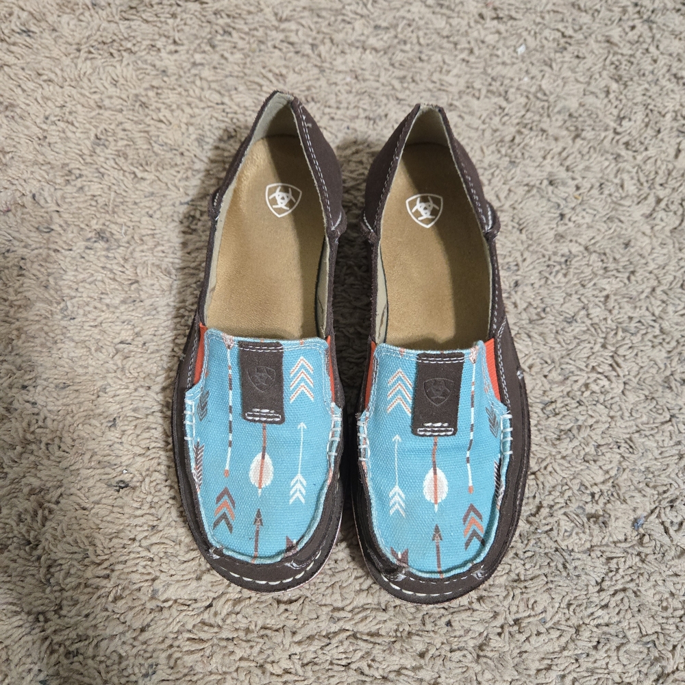 Ariat Turquoise Arrow Print Slip-On Loafers with Brown Trim